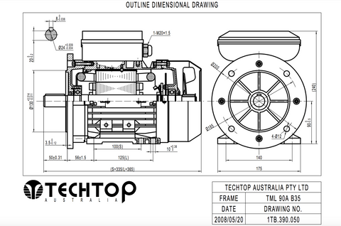 Single Phase Electric Motor 1.5kW 2HP 2Pole (2810rpm) 240v CSCR B35 Foot/Flange Mounted D90S-2 T/O IP55 - Motor Gearbox Products