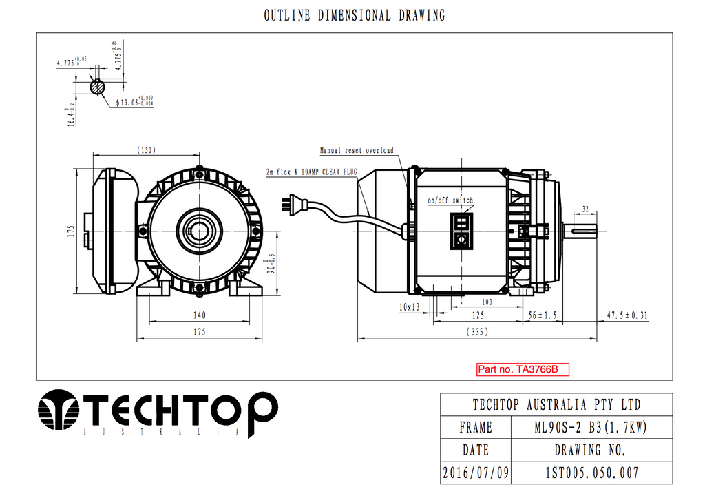 Bricksaw Motor 1.70kw, 2880rpm, 240v Single Phase CSCR, 19mm Shaft, 56 Frame, TEFC, IP55, On/Off Switch with 1 Metre Lead and Plug Fitted - Motor Gearbox Products