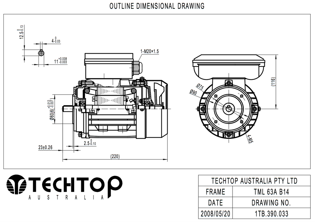 Single Phase Electric Motor 0.18kW 0.25HP 4Pole (1320rpm) 240v CSCR B14A Flange Mounted D63B-4 T/O IP55 - Motor Gearbox Products