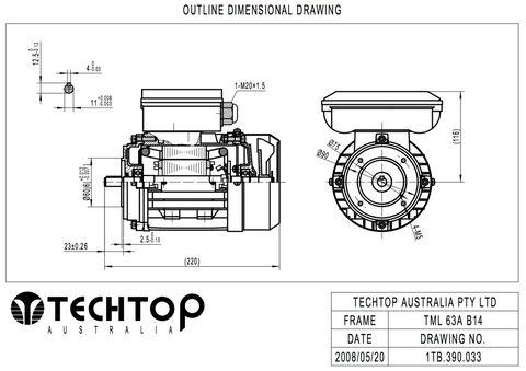 Single Phase Electric Motor 0.18kW 0.25HP 4Pole (1320rpm) 240v CSCR B14A Flange Mounted D63B-4 T/O IP55 - Motor Gearbox Products