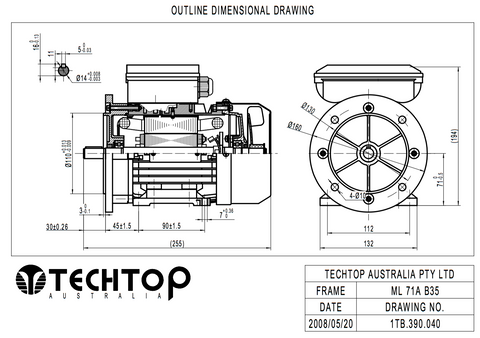 Single Phase Electric Motor 0.55kW 0.75HP 2Pole (2790rpm) 240v CSCR B35 Foot/Flange Mounted D71B-2 T/O IP55 - Motor Gearbox Products