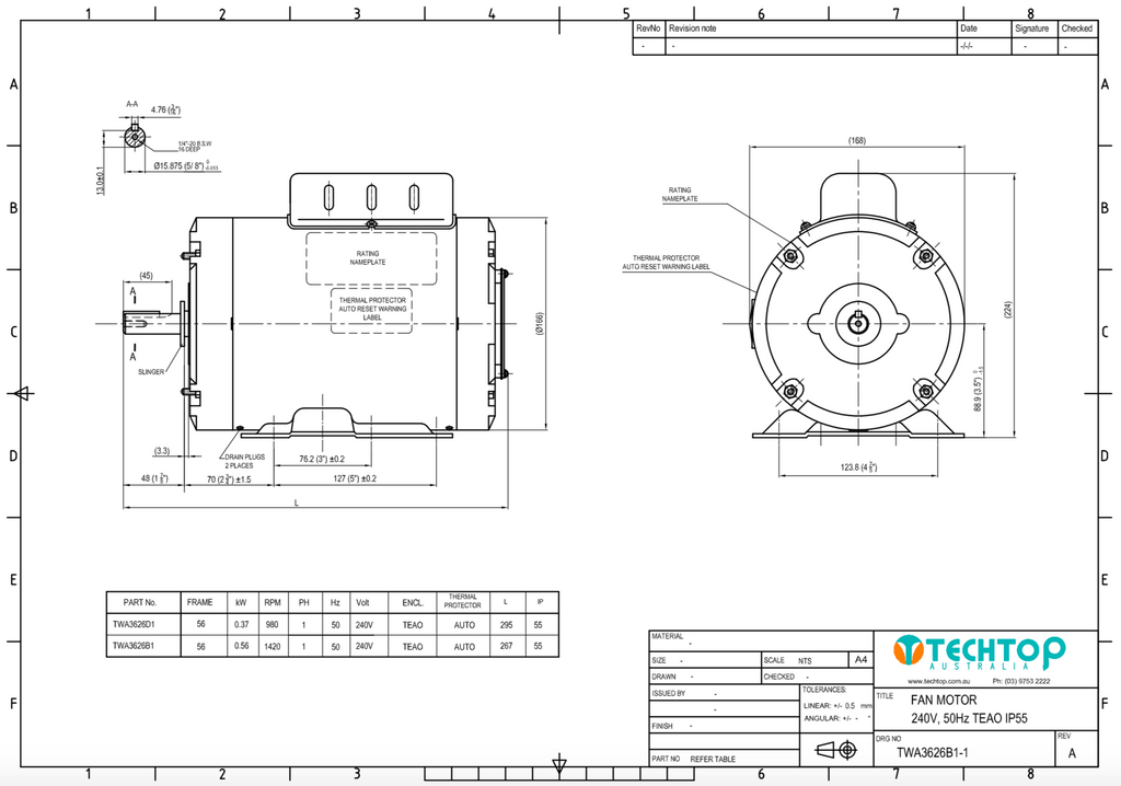 Fan Motor 0.37kw, 930rpm, 240Volt Single Phase PSC, 5/8" Shaft, TEAOM, IP55, Reversible - Motor Gearbox Products