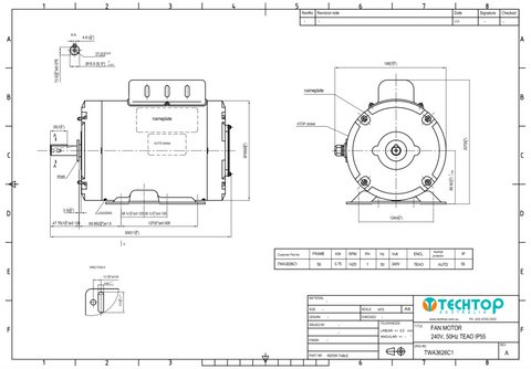 Fan Motor 0.75kw, 1420rpm, 240Volt Single Phase PSC, 5/8" Shaft, TEAOM, IP55, Reversible - Motor Gearbox Products