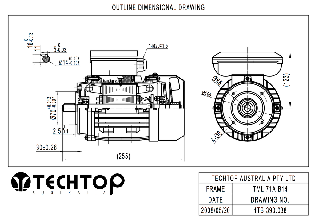 Single Phase Electric Motor 0.37kW 0.5HP 2Pole (2780rpm) 240v CSCR B14A Flange Mounted D71A-2 T/O IP55 - Motor Gearbox Products