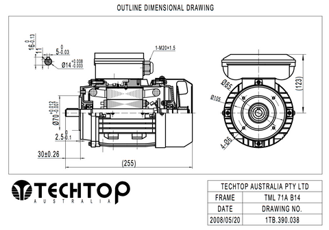 Single Phase Electric Motor 0.37kW 0.5HP 2Pole (2780rpm) 240v CSCR B14A Flange Mounted D71A-2 T/O IP55 - Motor Gearbox Products