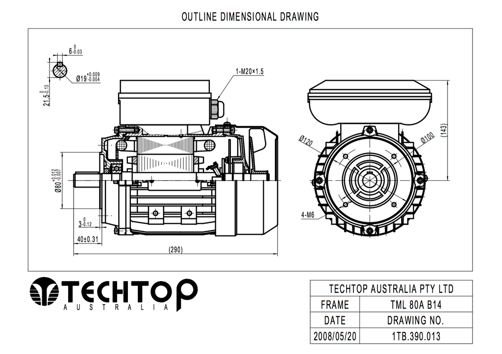 Single Phase Electric Motor 0.75kW 1HP 4Pole (1410rpm) 240v CSCR B14A Flange Mounted D80B-4 T/O IP55 - Motor Gearbox Products