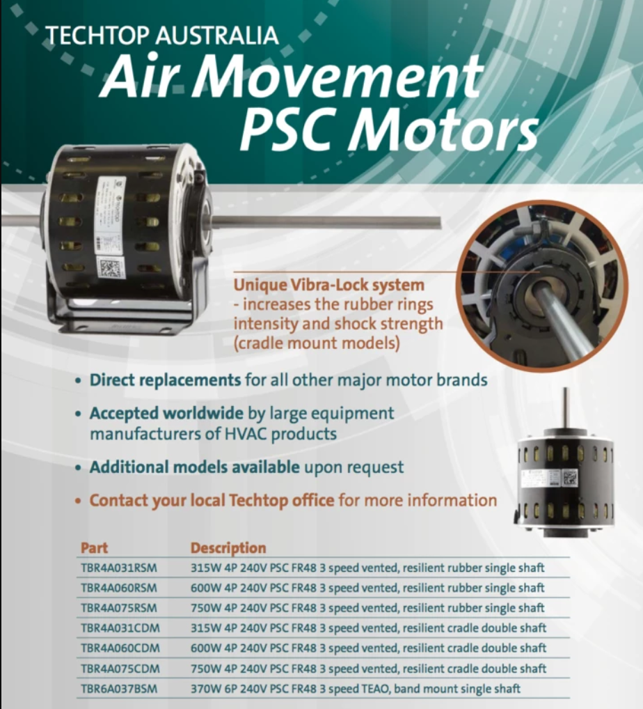 Air Movement Motor 600W 4P 240V PSC FR48 3 speed vented, resilient rubber single shaft - Motor Gearbox Products